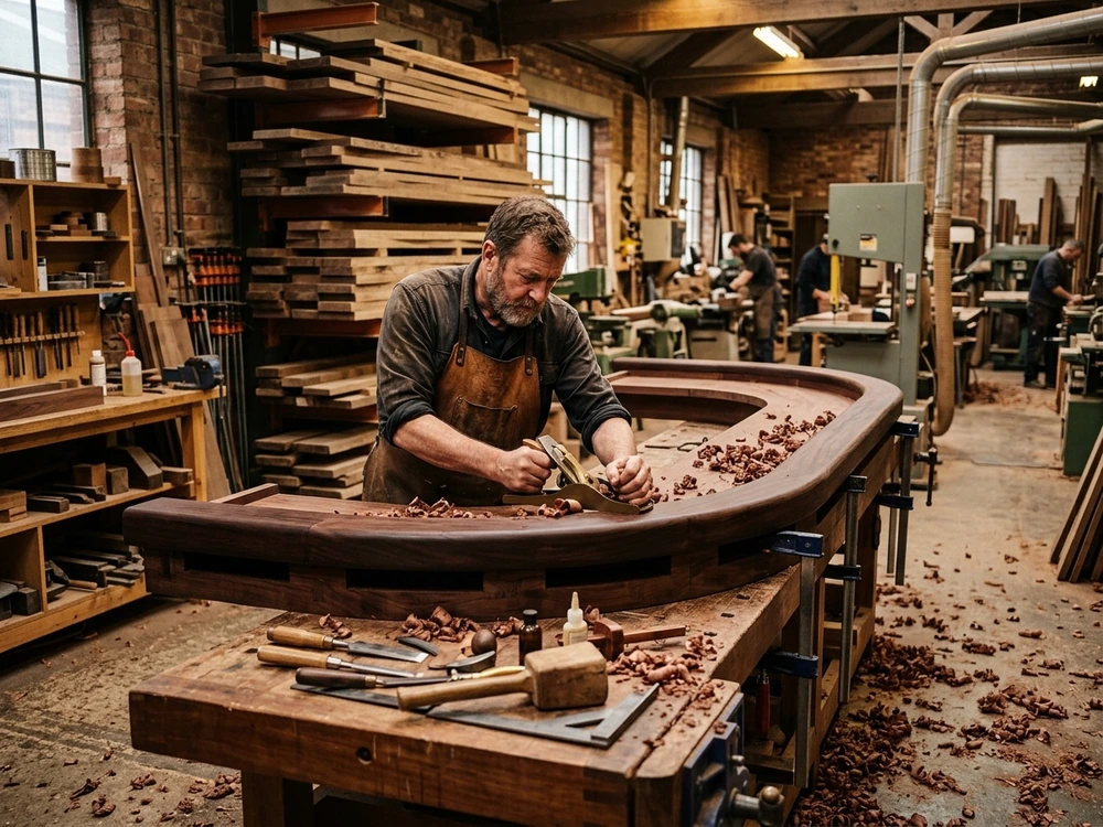 Artisan polishing brass hardware on solid mahogany